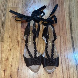 NEW Women's Black Tie up Ribbon Wrap  Boho Satin Candela Ballet Sandal 6